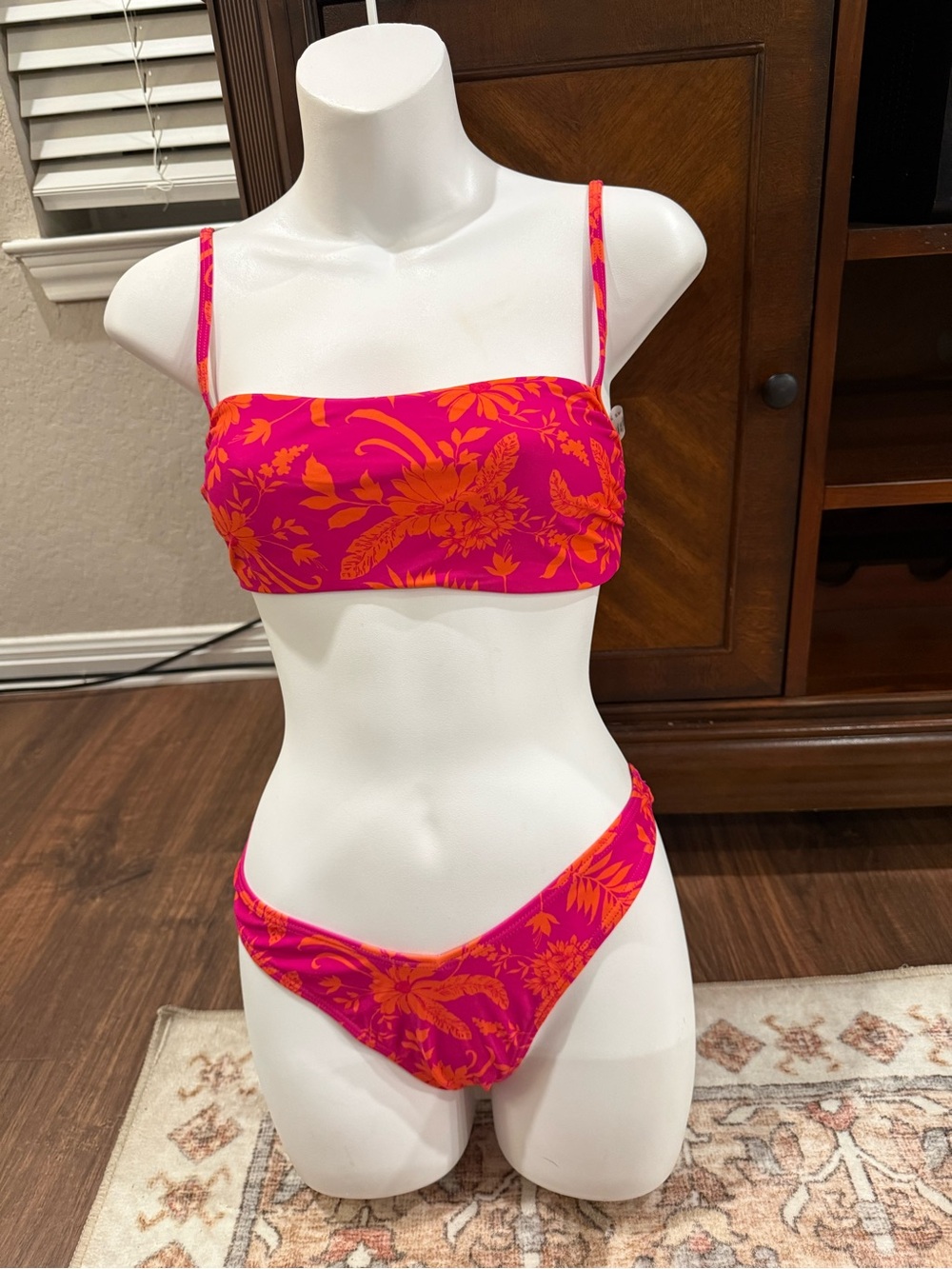Tropical Bandeau Bikini Set in Hot Pink and Orange Floral